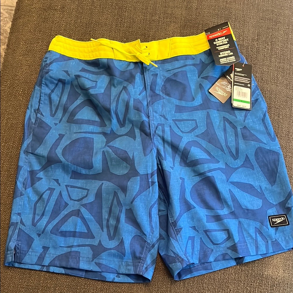 NEW with tags Speedo Blue and Yellow Board Shorts with Geometric Pattern